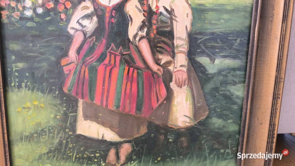 Piękny obraz olejny sygnowany scena rodzajowa łódzkie