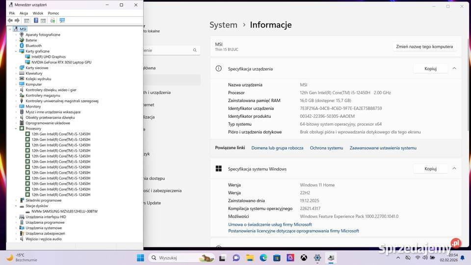 Laptop MSI 144Hz Intel i5 12450H 16GB RTX3050 MSI sprzedam