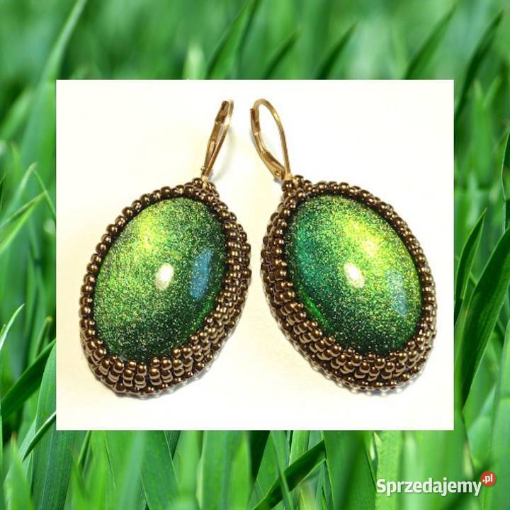 KOLCZYKI Z ŻYWICĄ zielone w koralikach Kolczyki Warszawa sprzedam