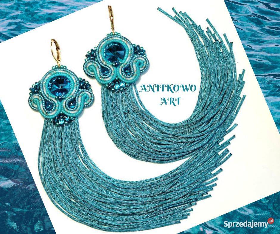 KOLCZYKI MORSKIE Z FRĘDZLAMI I KRYSZTAŁKIEM