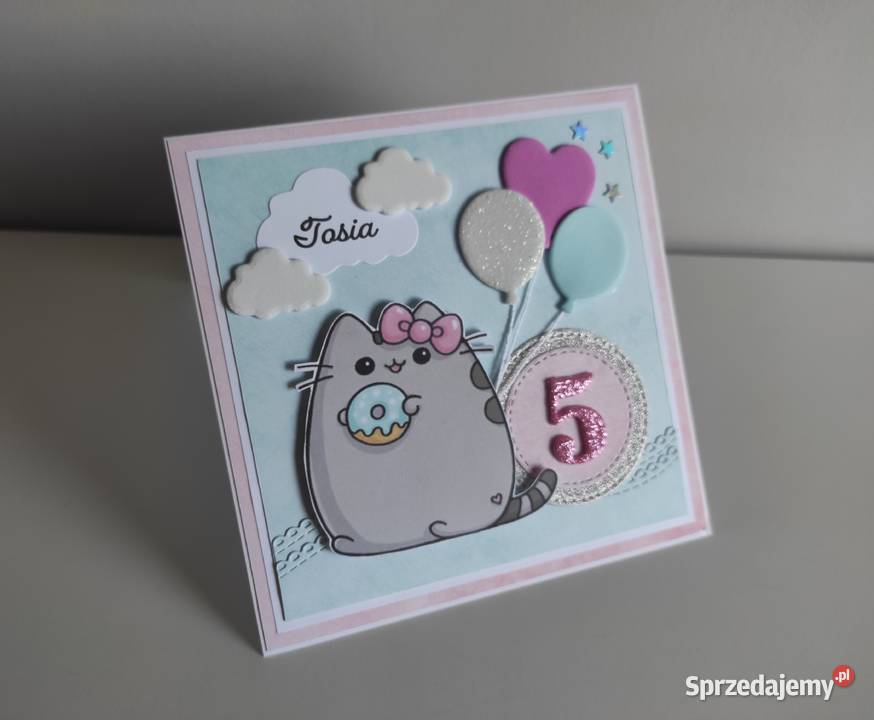 Kartka ręcznie robiona na urodziny kotek Pusheen Łódź