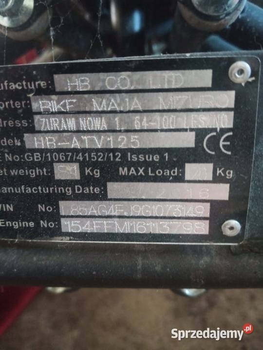 Quad HBATV125 125CC 2016 nieuszkodzony