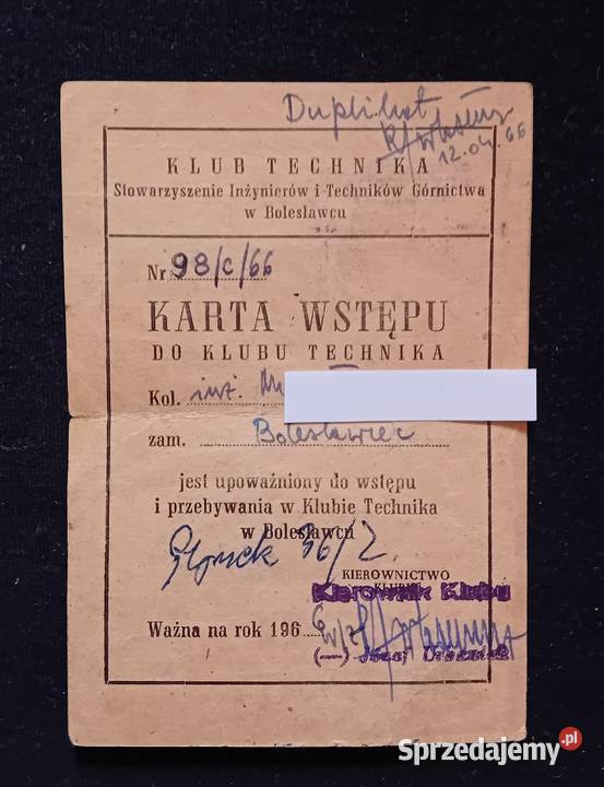 Karta wstępu do Klubu Technika w Bolesławcu wielkopolskie Koźminek sprzedam