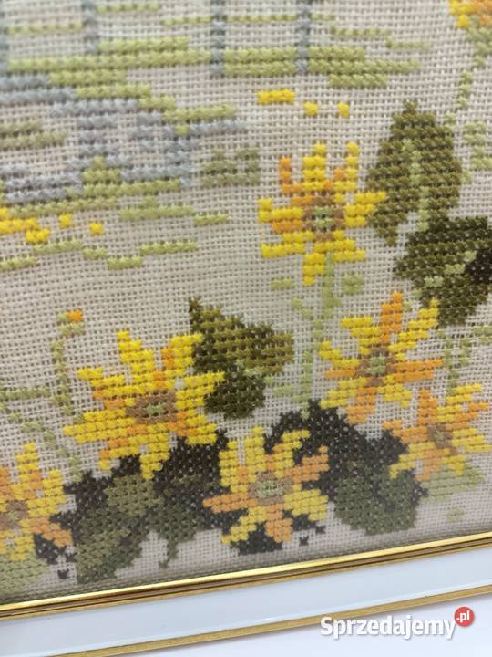 Dwa obrazki roślinny haft pod szkłem Zamość