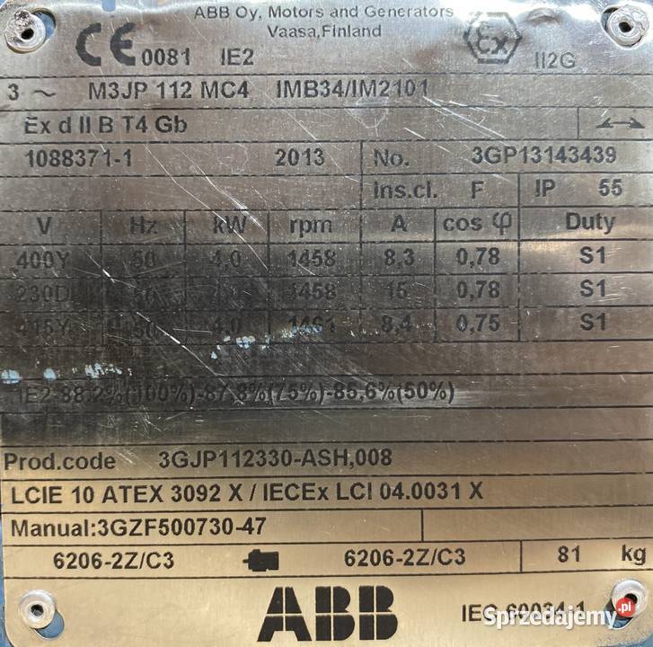 silnik elektryczny 4kW 1458obr 3fazowy ABB IE2 Pigża