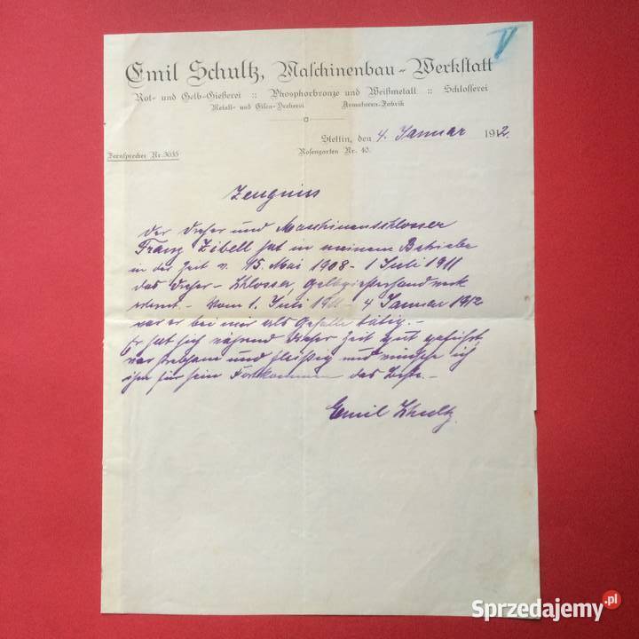 1243 Niemiecki Certyfikat Stettin Szczecin