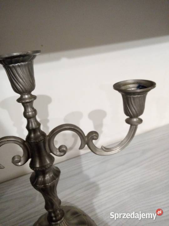 Piękny stary cynowy świecznik sygnowany BMF Częstochowa