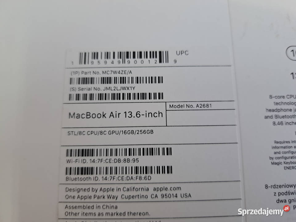 MacBook Air 13 A2681 M2 16 GB RAM 256 GB 2025 mazowieckie Warszawa sprzedam