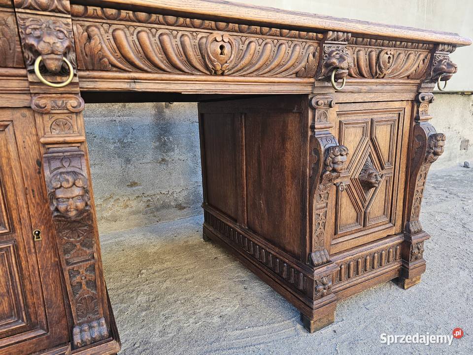 Neorenesansowe biurko gabinetowe z lwami antyk dolnośląskie Wałbrzych