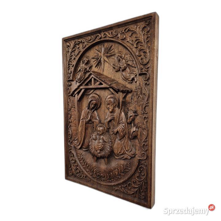 Płaskorzeźba w dębie Stajenka Święta rodzina Malechowo