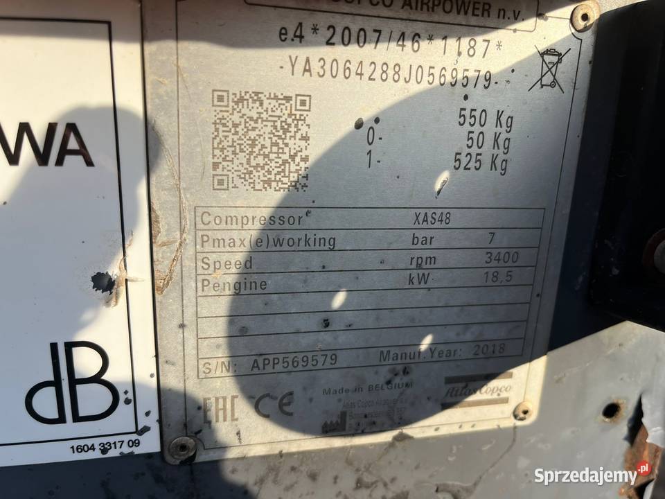 Kompresor sprężarka śrubowa Altas Copco XAS48 986h małopolskie Maków Podhalański sprzedam