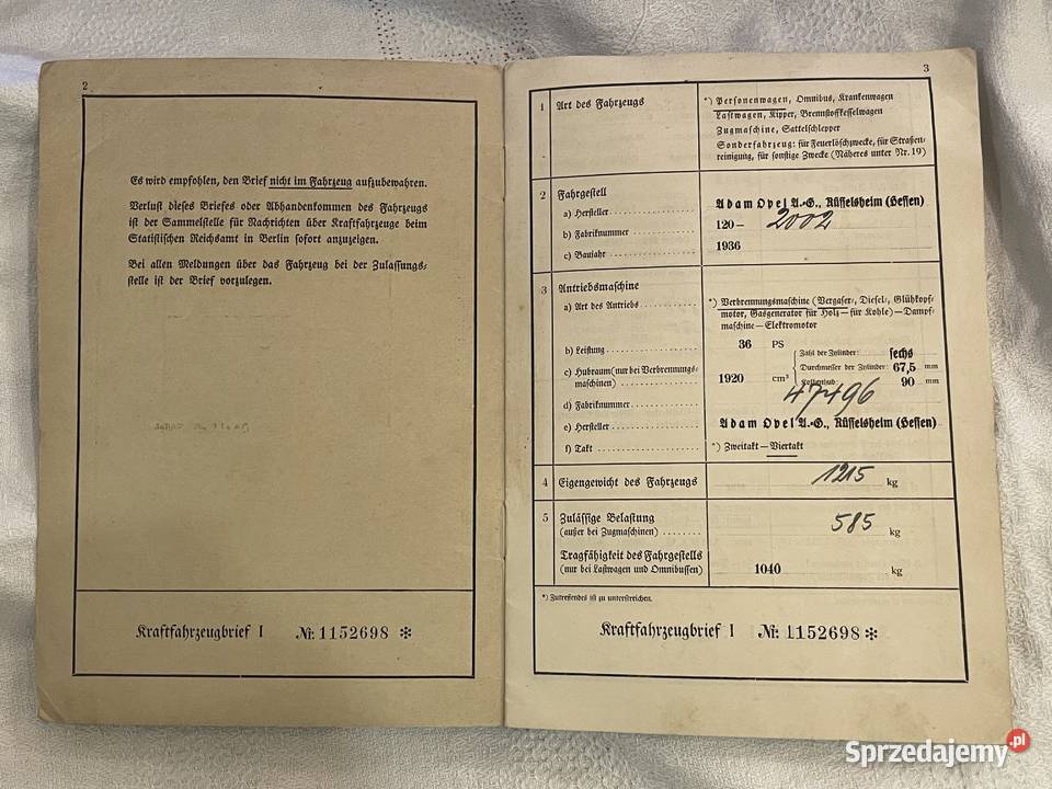 Kraftfahrzeugbrief I Niemiecki Dowód Kraków