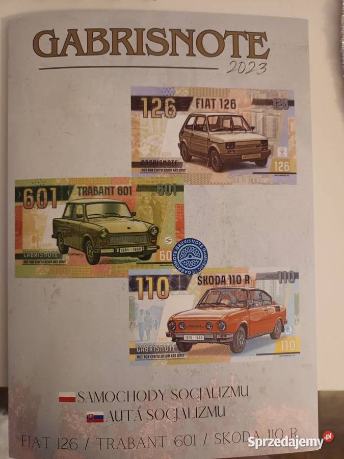 Banknoty Fiat Trabant Skoda folder samochody zachodniopomorskie