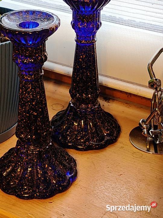 Świeczniki szkło Vintage kobaltowe dolnośląskie