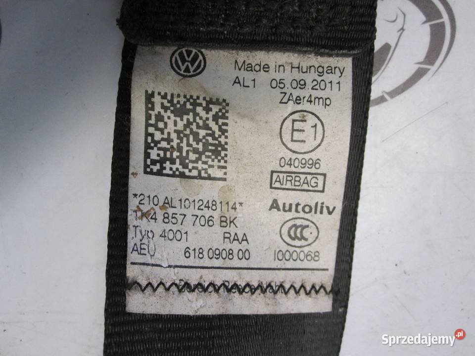 VW GOLF VI 10r pas bezpieczeństwa prawy przód Pasy bezpieczeństwa