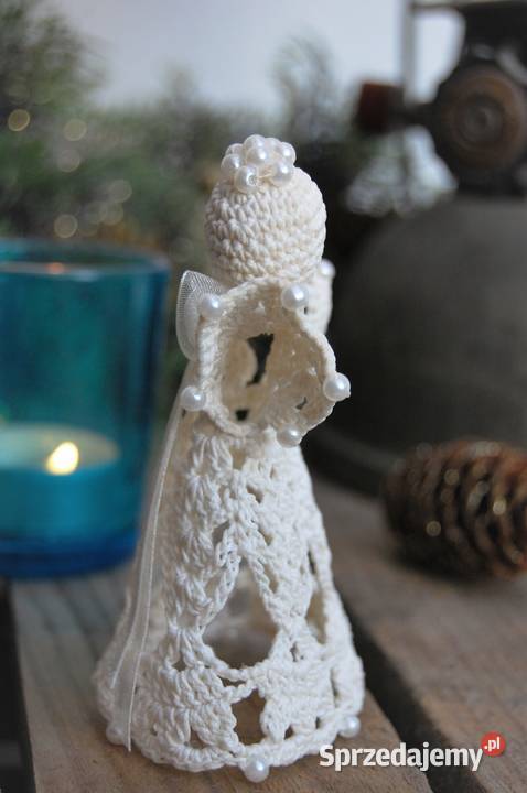 Aniołek szydełkowy z perełkami ecru kremowy 10 Lublin