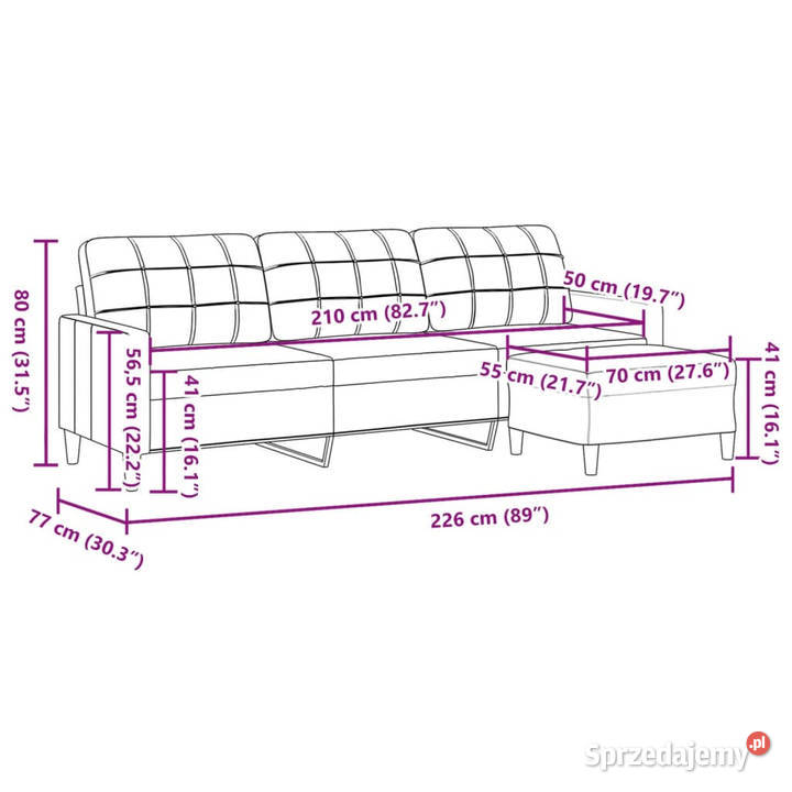 3osobowa sofa z podnóżkiem jasnoszary 210