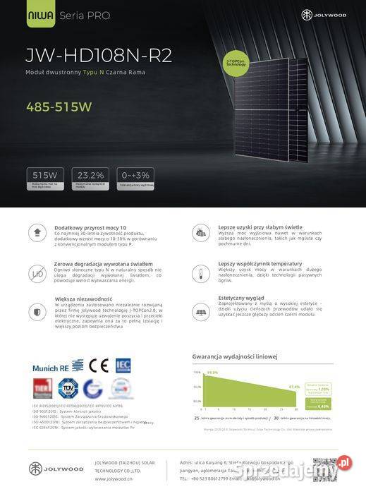 JolyWood 505W JWHD108NR2 Ntype Bifacial sprzedam