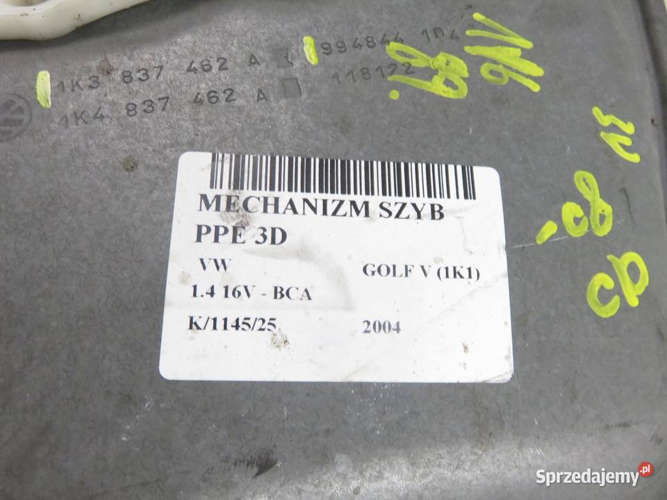 PODNOŚNIK SZYBY PRAWY 3D VW GOLF V 1K3837462A osobowe