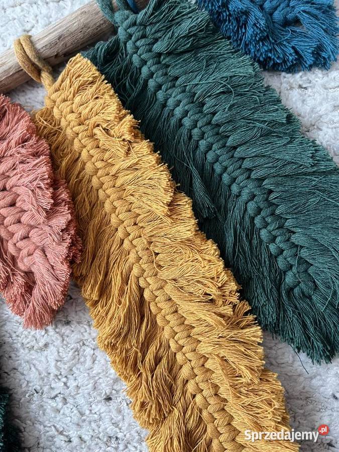 Makrama boho pióra liście na naturalnym kiju Warszawa sprzedam