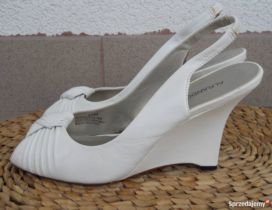 ALFANI 100 Skóra Piękne Sandały Koturn Białe Łęczna