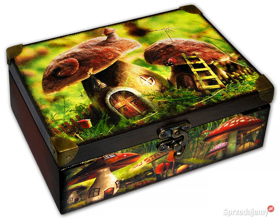 SZKATUŁKA drewniane pudełko GRZYBKI okucia wielokolorowy Bydgoszcz