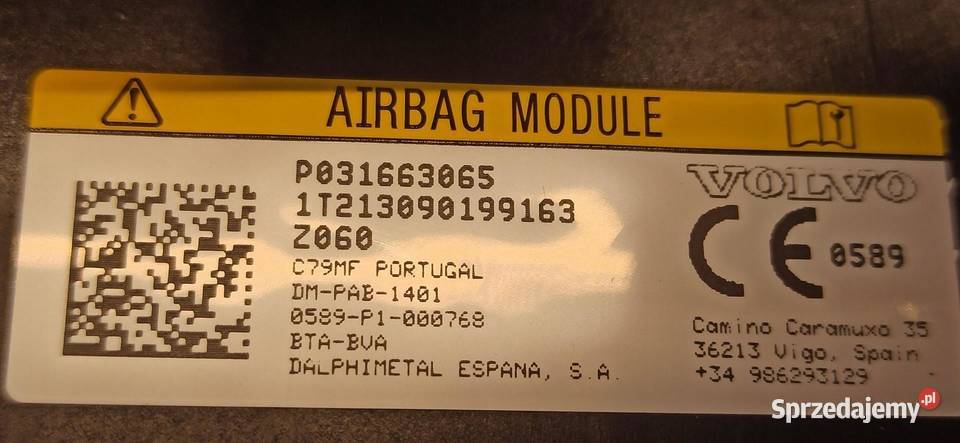VOLVO V60 CC PODUSZKA AIRBAG PASAŻERA 31663065 osobowe Poduszki powietrzne