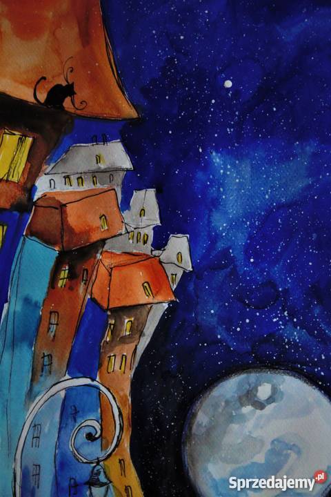 Akwarela Pełnia w mieście artystki Adriany Laube Antyki, Sztuka, Kolekcje Katowice