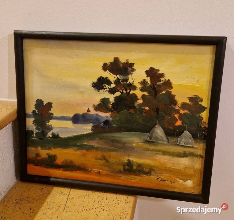 OBRAZ z pejzażem w ramie z autografem płótno lubelskie Lublin
