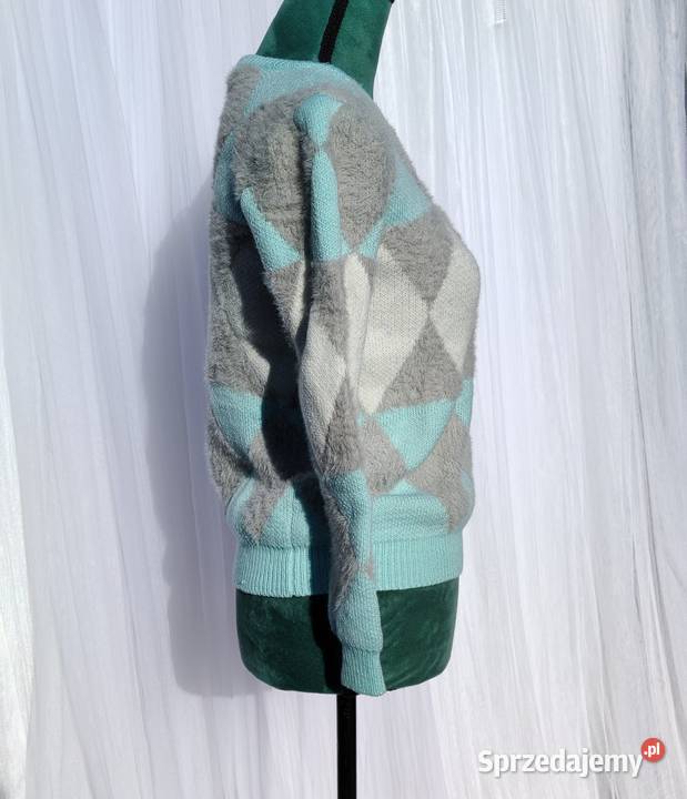 Miętowy sweter M 38 kratka romby szachownica Szczecin