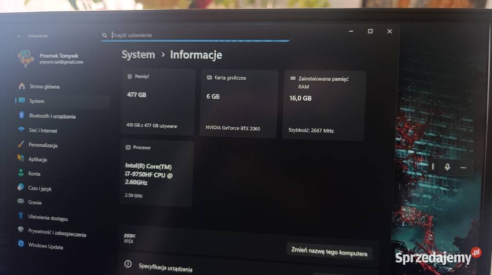 Lenovo Legion Y540 Laptop i7 RTX 2060 115W 16GB 15-15.9" Opalenica