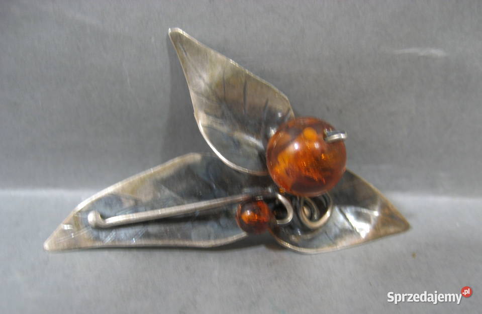 Stara Broszka Srebrna z Bursztynem Vintage Warszawa