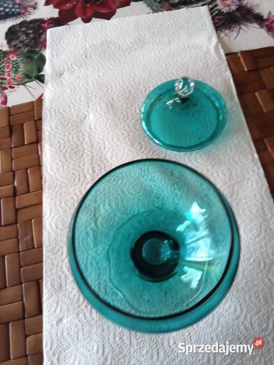 PRL bomboniera art deco szkło lazur Łódź