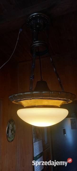 Stara wisząca lampa z mosiądzu duży klosz ampla łódzkie Skierniewice