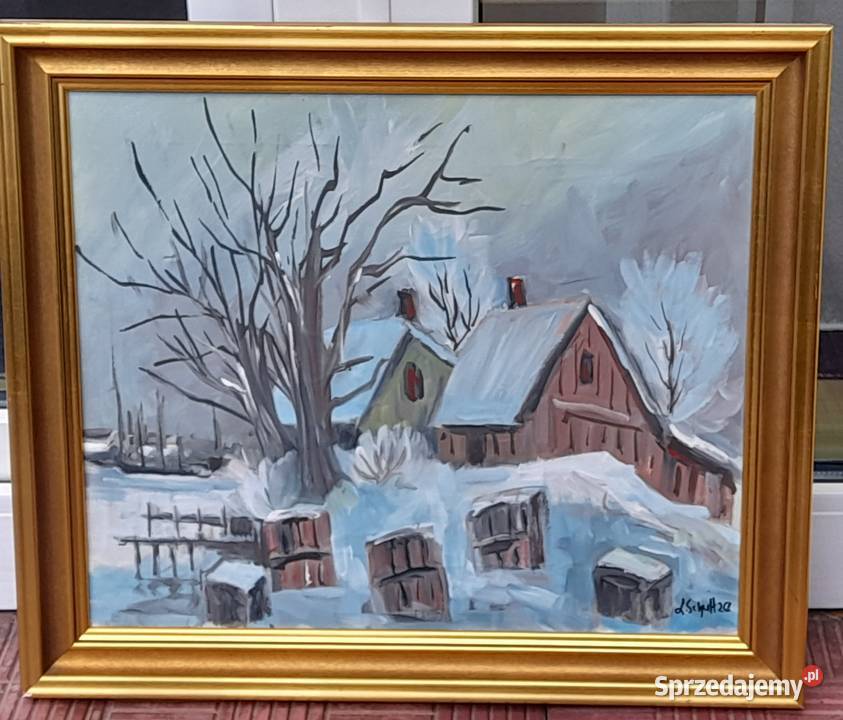 Zimowy pejzaż obraz olejny płótno złota rama mazowieckie Iłża sprzedam