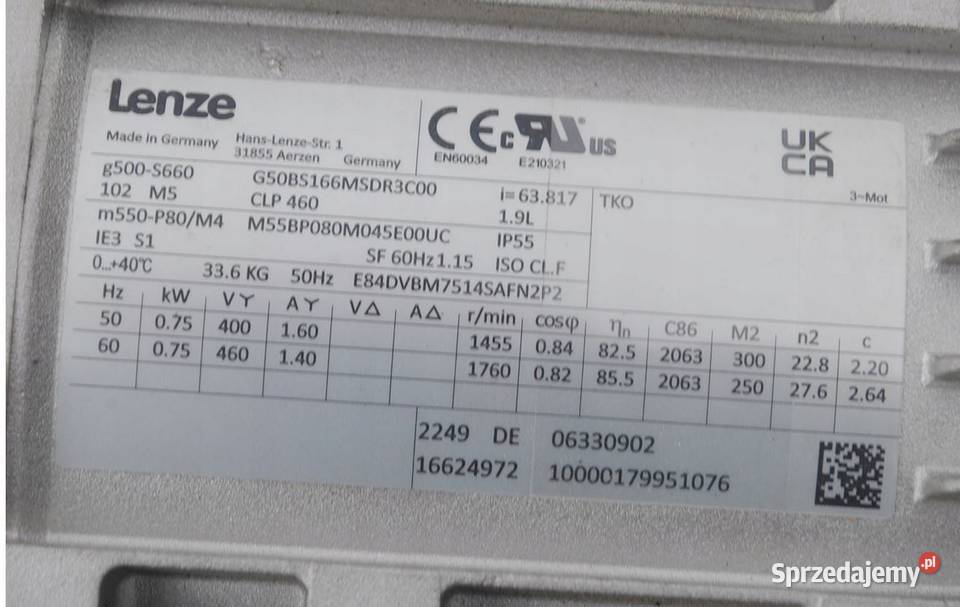 Motoreduktor 075kw 0228obrmin LENZE FALOWNIK Kargowa