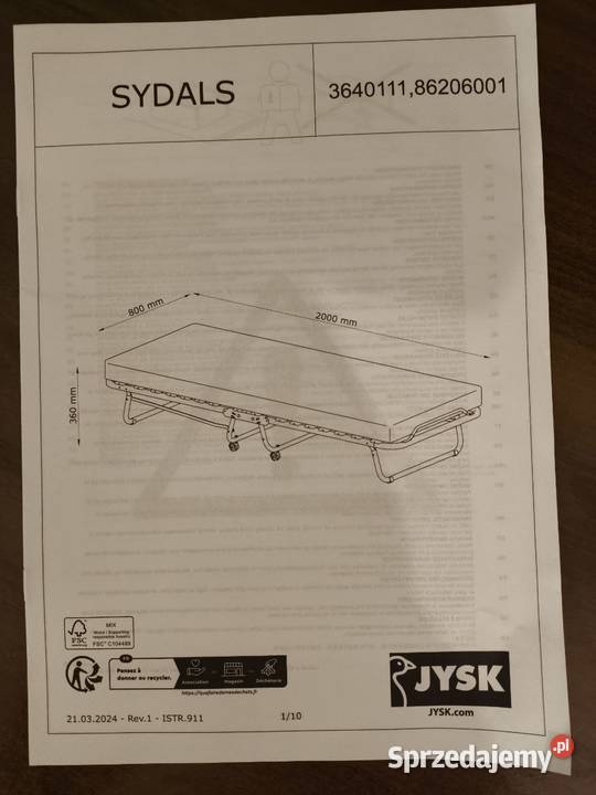 Łóżko składane JYSK SYDALS 80x200 z materacem Łódź sprzedam