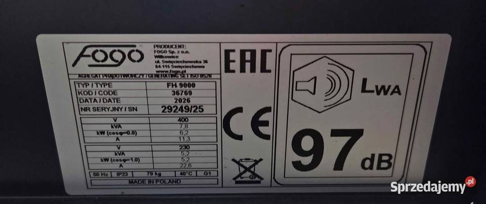 Agregat FOGO FH 9000 7kw Drochów Dolny