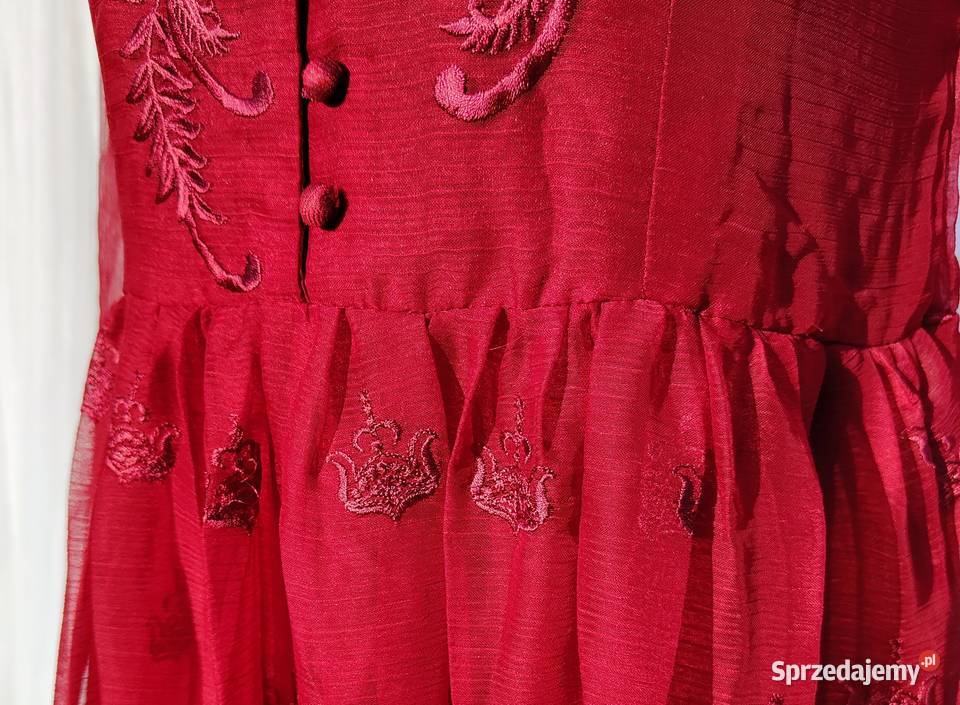 Bordowa sukienka haftowana L 40 szyfon haft Szczecin sprzedam