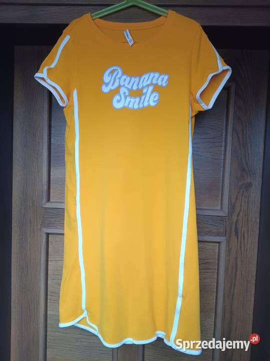 Żółta sukienka dzianinowa z lampasami miodowa Zbylitowska Góra