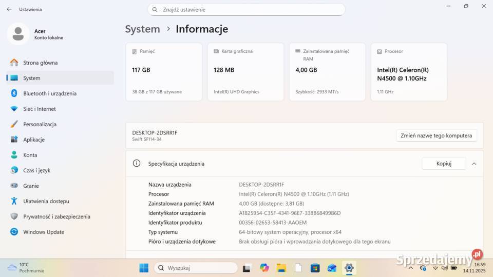 Acer Swift 1 14 Full HD 256GB SSD Windows 11 USB 3.0