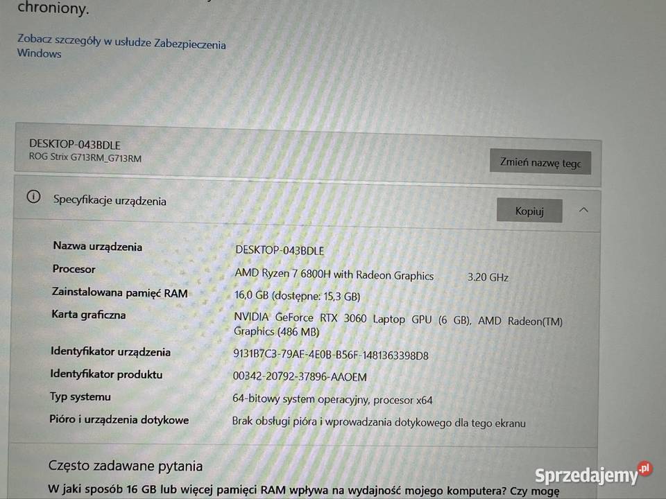 Asus ROG Strix G17 IPS 240HZ 1TB Ryzen7 16GB Podświetlana klawiatura  Kołobrzeg