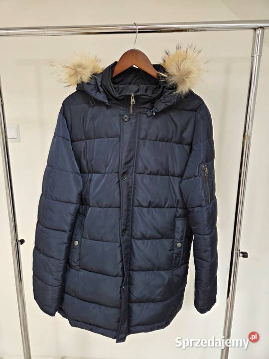 Granatowa kurtka zimowa z kapturem i futerkiem Rozmiar L małopolskie Liszki