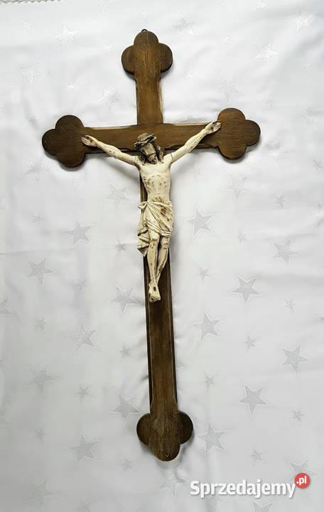 Duży stary drewniany krzyż krucyfiks z pasyjką Antyki Ruda Śląska