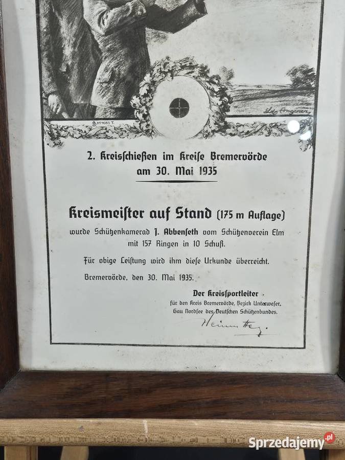 Antyczny dyplom mistrza w strzelaniu z grafiką Poddębice
