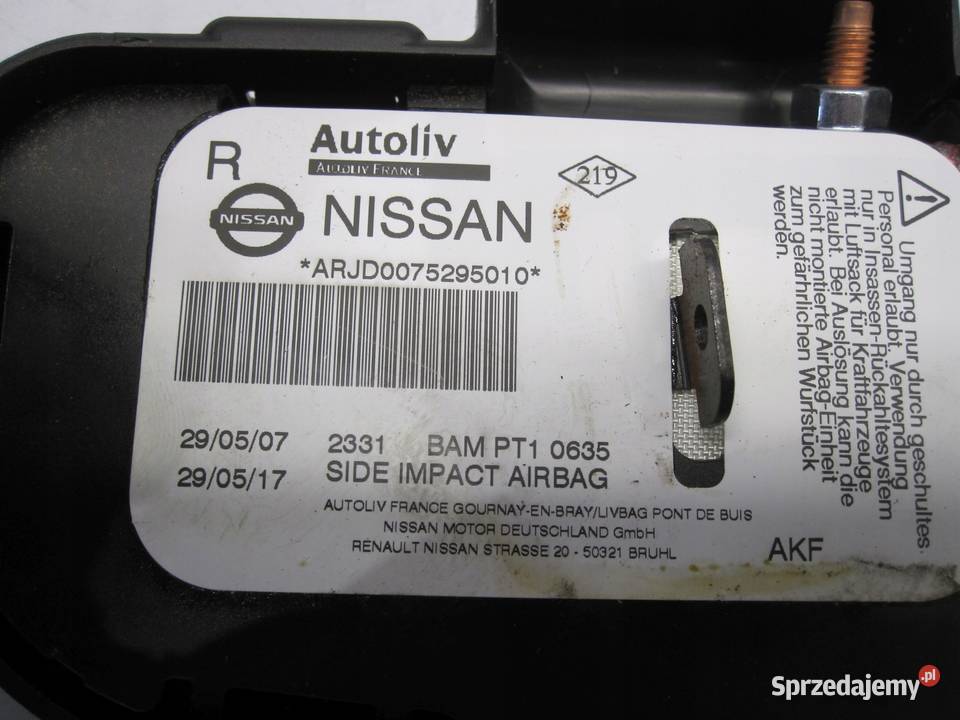 NISSAN QASHQAI I J10 07r AIRBAG poduszka fotela Kielce sprzedam