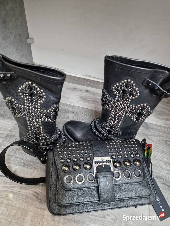 Botki Kozaki Skóra Czarne Kamienie Ćwieki 36