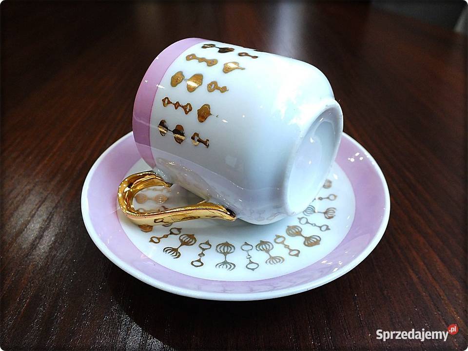 Mała Filiżanka spodek Porcelana różowa ze złotem Żary