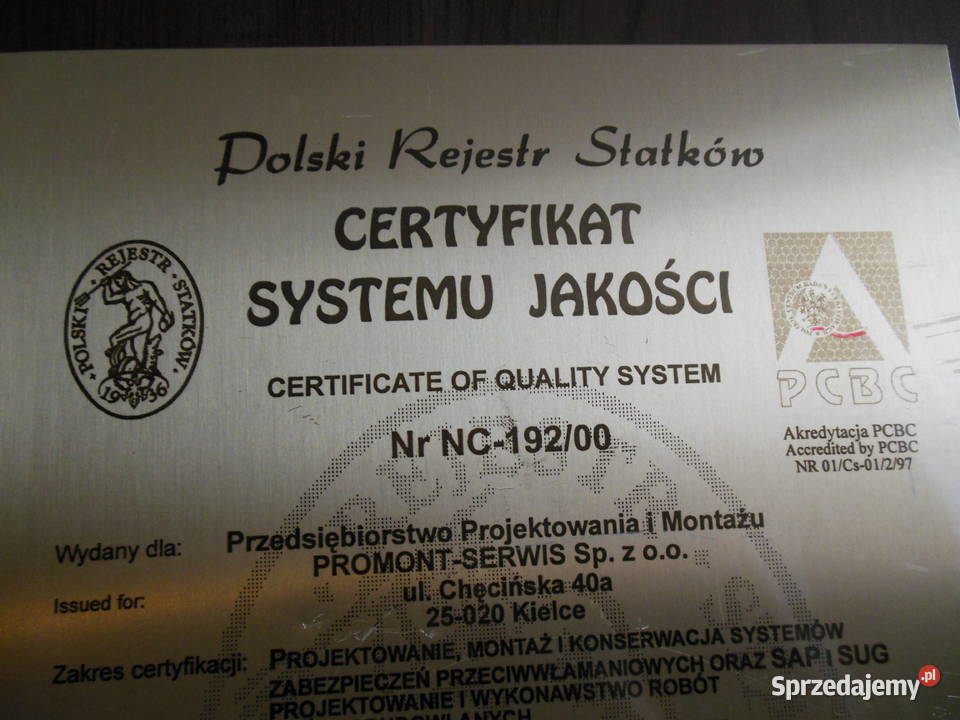 Certyfikat Systemu Jakości Polski Rejest Statków Pozostałe Kielce sprzedam