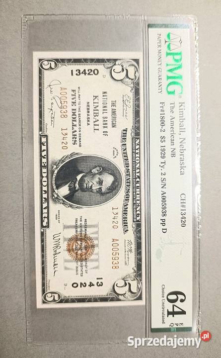 USA 5 Dolarów 1929 r Kimball Nebraska PMG 64 EPQ
